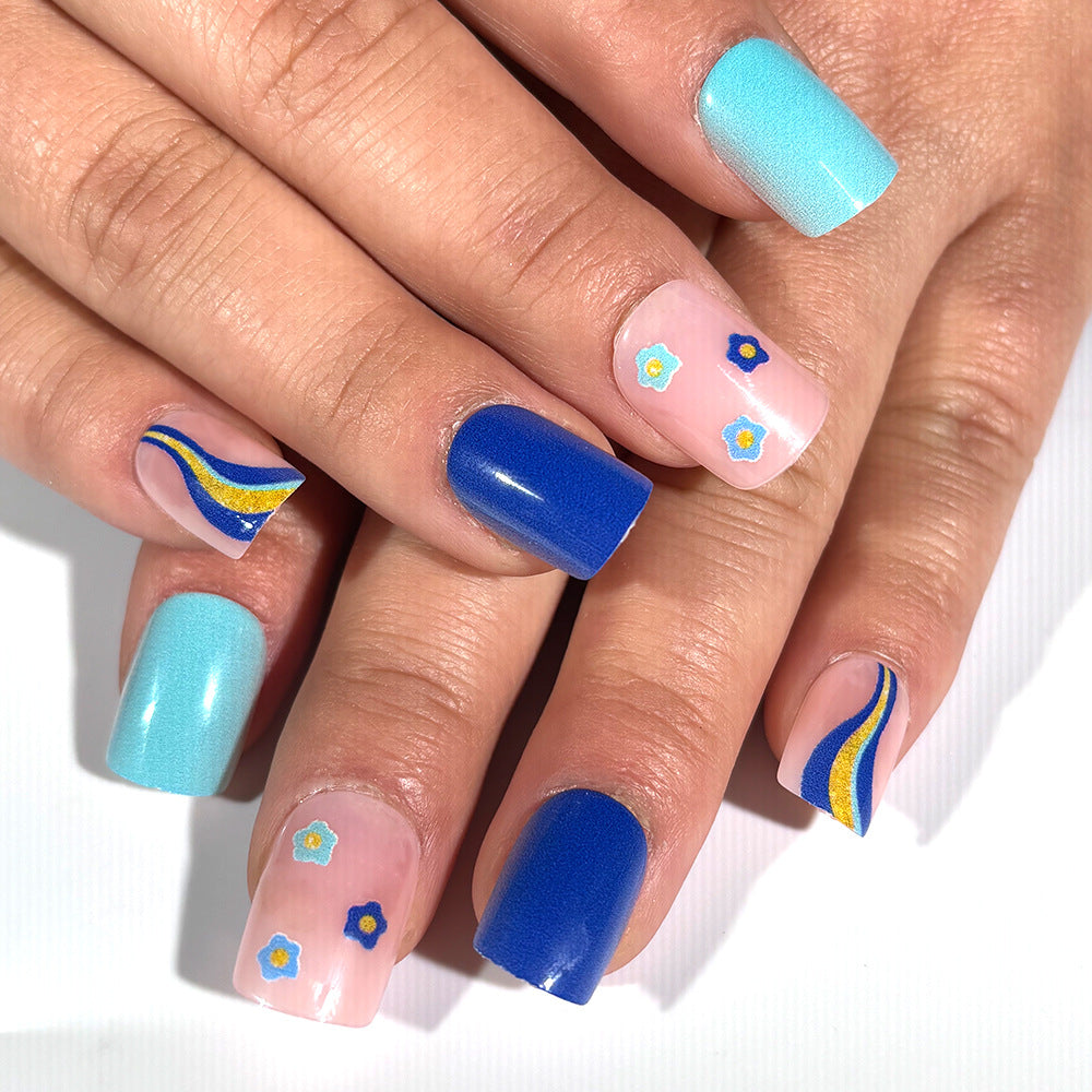Ocean Bloom Long Square Blue and Aqua Press On Nail Set with Floral Accents