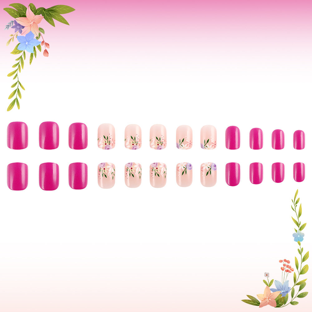 Floral Elegance Press on Nail Set in Short Square Shape Bright Pink and Elegant Floral Design