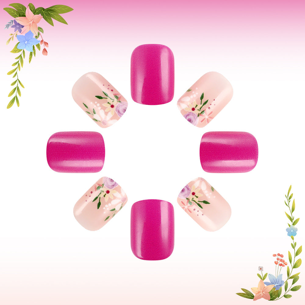 Set of pink and floral nail designs on a decorative background with flowers and leaves.