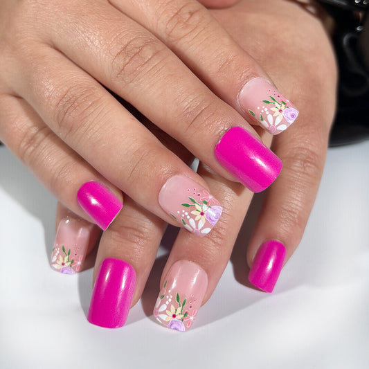 Floral Fiesta Long Square Pink and Clear Press On Nail Set with Vibrant Flower Designs