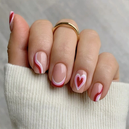 Romantic Vibes Short Square Red and White Swirl Nail Set with Heart Accents