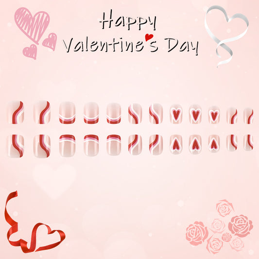 Romantic Heartfelt Lengthy Short Square Red and White Press On Nail Set Featuring Elegant Wave Designs