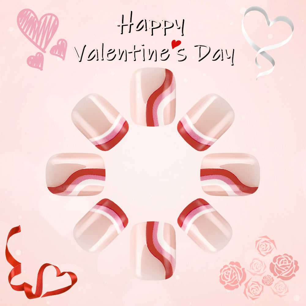 Romantic Charm Short Square Soft Pink with Elegant Red Waves Nail Set