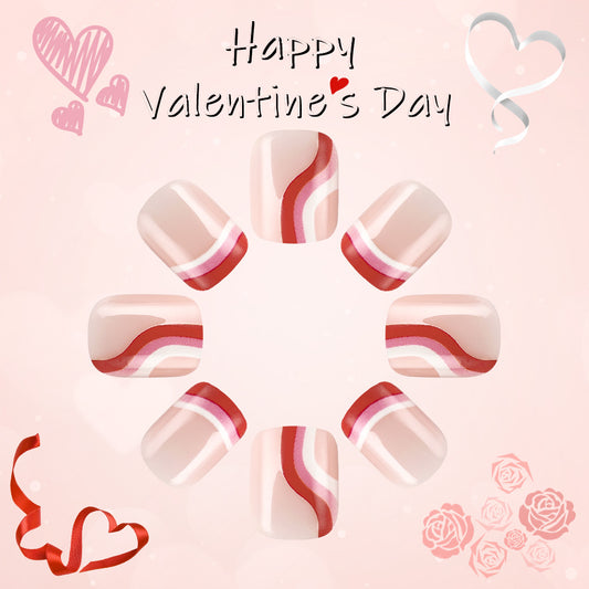 Romantic Charm Short Square Soft Pink with Elegant Red Waves Nail Set