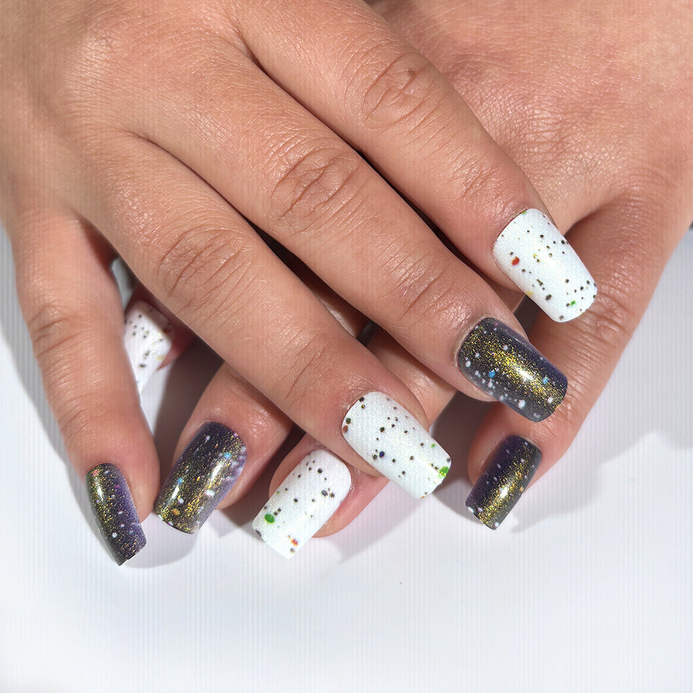 Cosmic Glam Press On Nail Set Long Square Purple and White with Glitter Accents