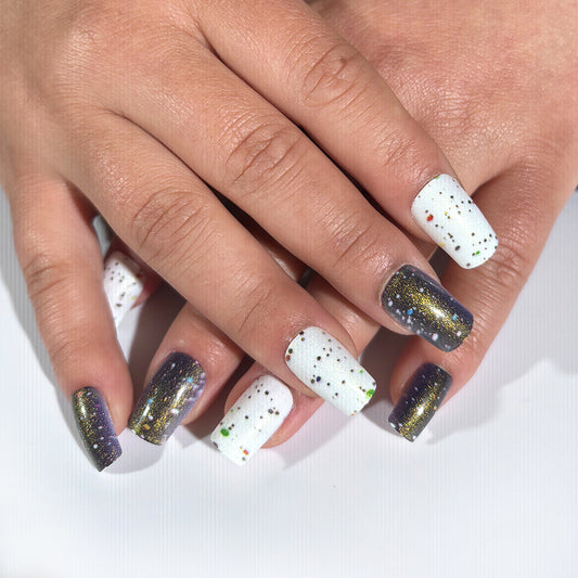 Cosmic Glam Press On Nail Set Long Square Purple and White with Glitter Accents
