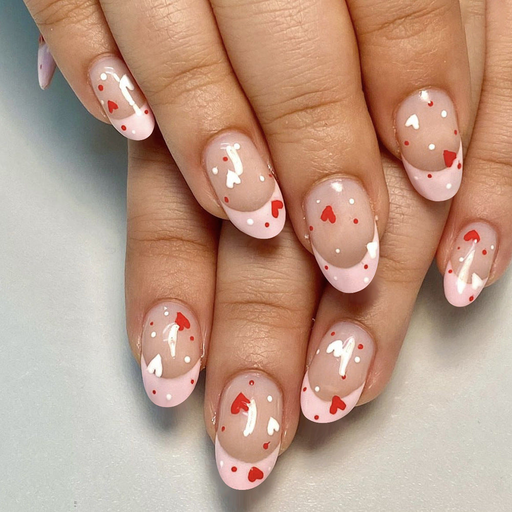 Charming Romance Medium Oval Pink Press On Nail Set with Heart and Dot Accents