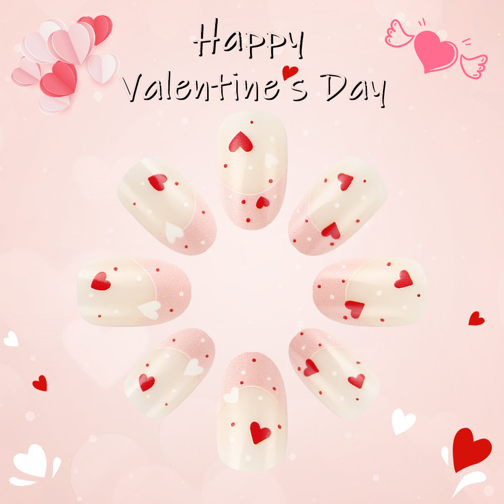 Romantic Heart Theme Medium Oval Pink White Nail Set with Charming Love Design
