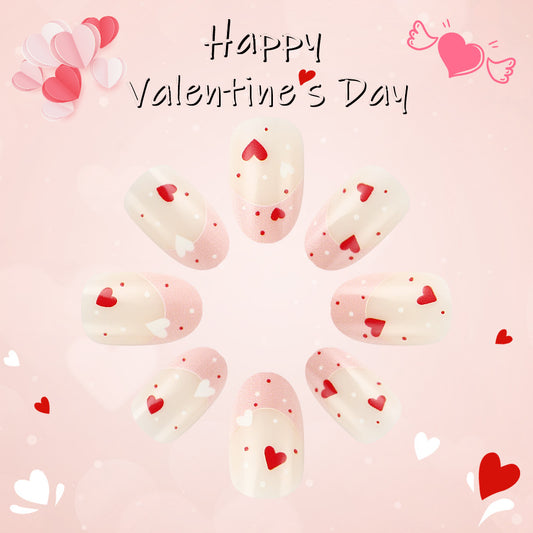 Romantic Heart Theme Medium Oval Pink White Nail Set with Charming Love Design