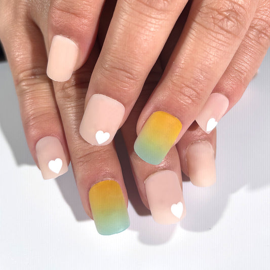 Whimsical Sunset Square Press On Nail Set Medium Length Gradient Yellow Blue and Heart Details
