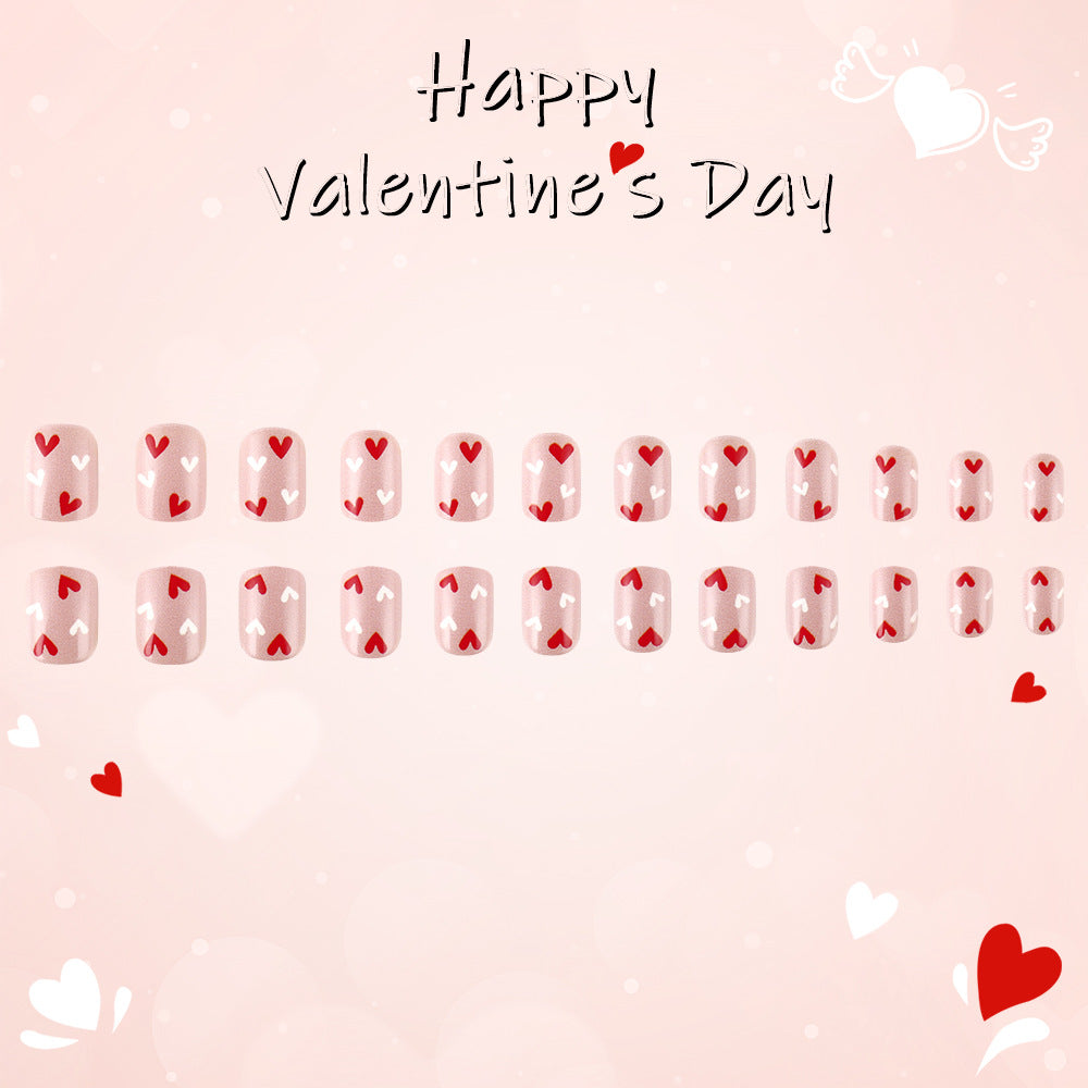 Romantic Hearts Theme Short Square Pink Press on Nail Set with Red and White Heart Designs for Celebration