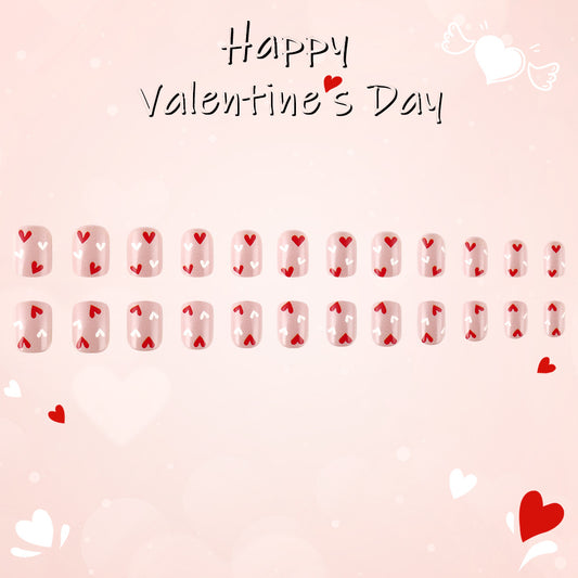 Romantic Hearts Theme Short Square Pink Press on Nail Set with Red and White Heart Designs for Celebration