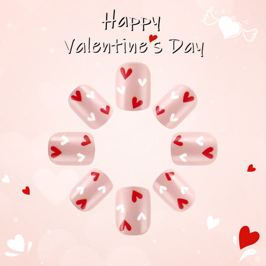 Cupid's Kiss Romantic Short Square Pink Nails with Heart Designs for Perfect Valentine's Day Glamour