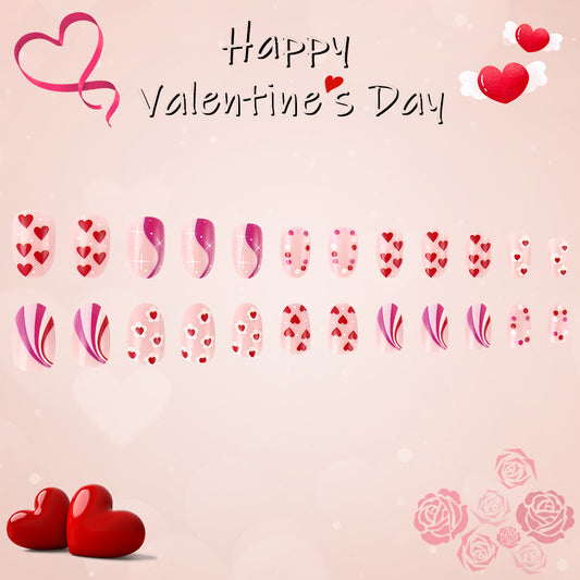 Romantic Heart-Detailed Short Oval Shaped Pink and Red Press-On Nail Set with Unique Pattern Designs for Valentine's Day