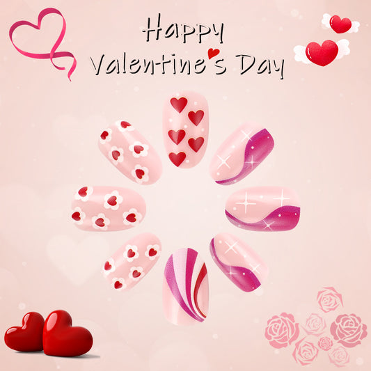 Enchanting Romance Short Oval Soft Pink Adorned with Heart and Floral Patterns Nail Set