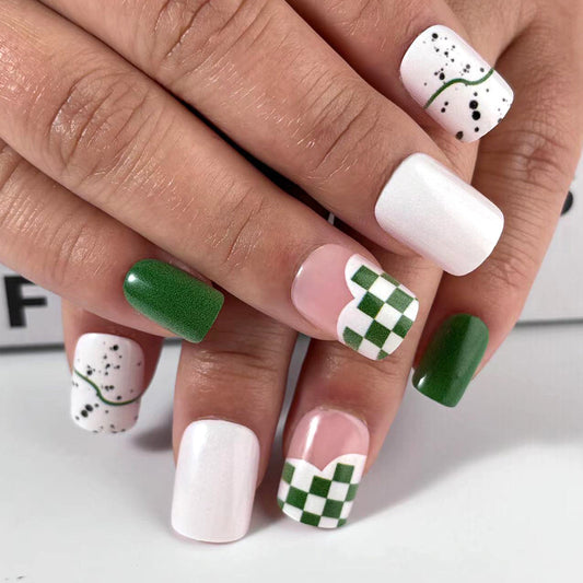 Greenery Delight Square Press On Nails Set Medium Square Green and White with Heart and Checkered Patterns