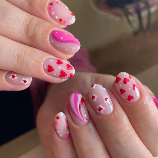 Romantic Heart Theme Short Oval Pink and Clear Press On Nail Set with Whimsical Dot and Stripe Designs