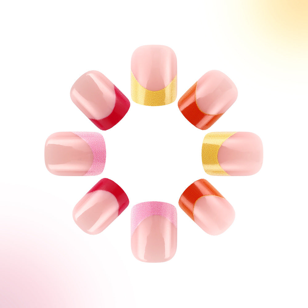Chic Sunset Delight Short Square Press On Nail Set in Soft Pink Vibrant Red and Elegant Gold Accent