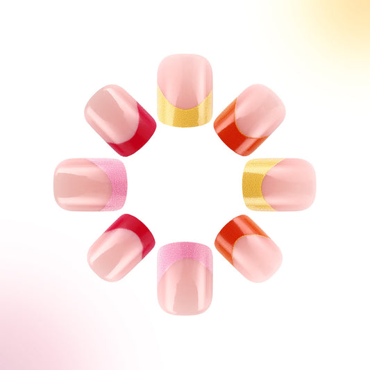 Chic Sunset Delight Short Square Press On Nail Set in Soft Pink Vibrant Red and Elegant Gold Accent