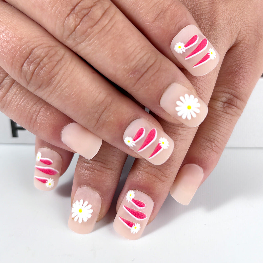 Bohemian Bliss Long Square Soft Pink Press On Nail Set with Daisies and Stripes