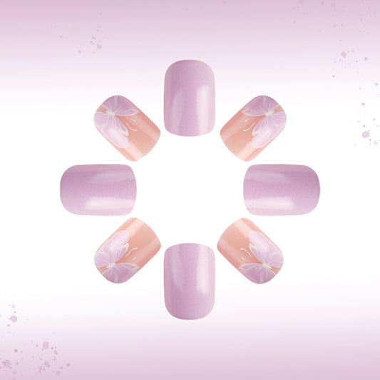 Whimsical Garden Short Square Lilac Pink Floral Accent Press On Nail Set