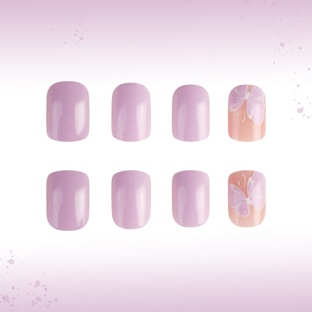 Whimsical Floral Delight Short Square Lavender Nail Set with Butterfly Design