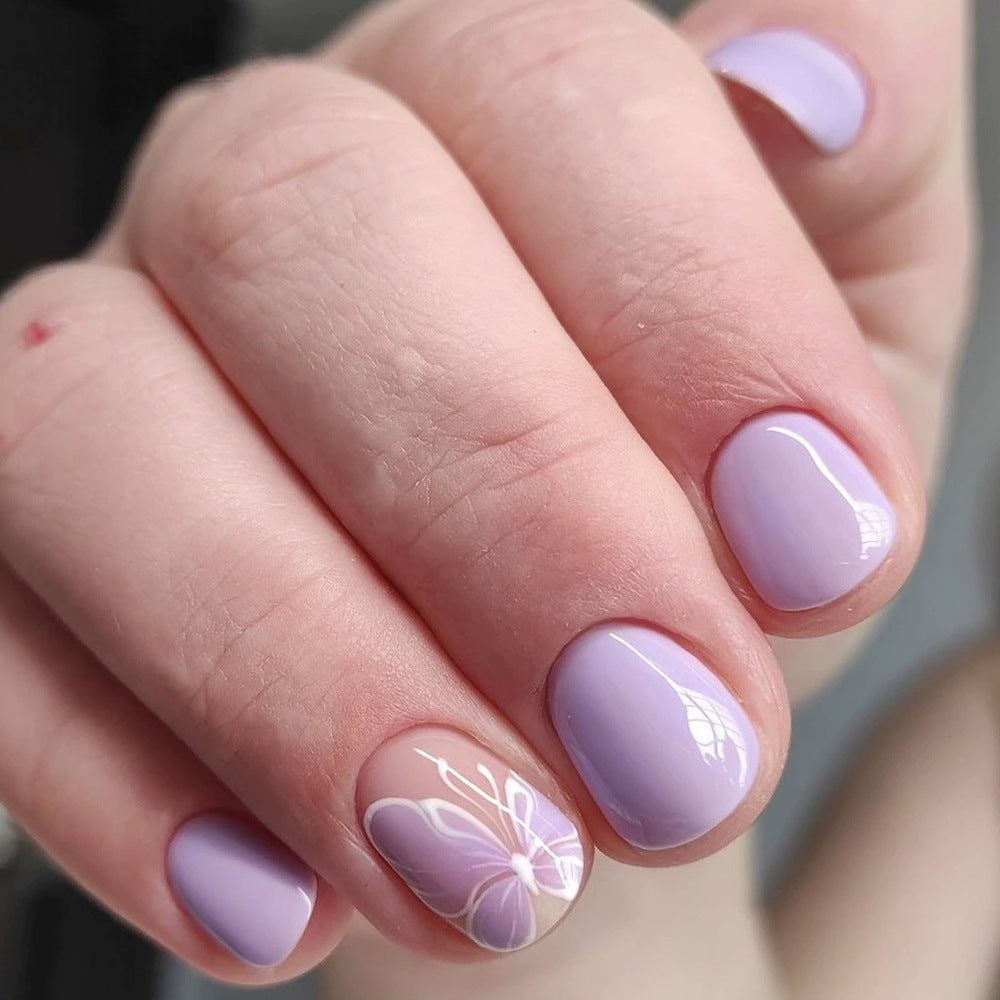 Whimsical Lavender Short Squoval Press-on Nail Set with Elegant Butterfly Art