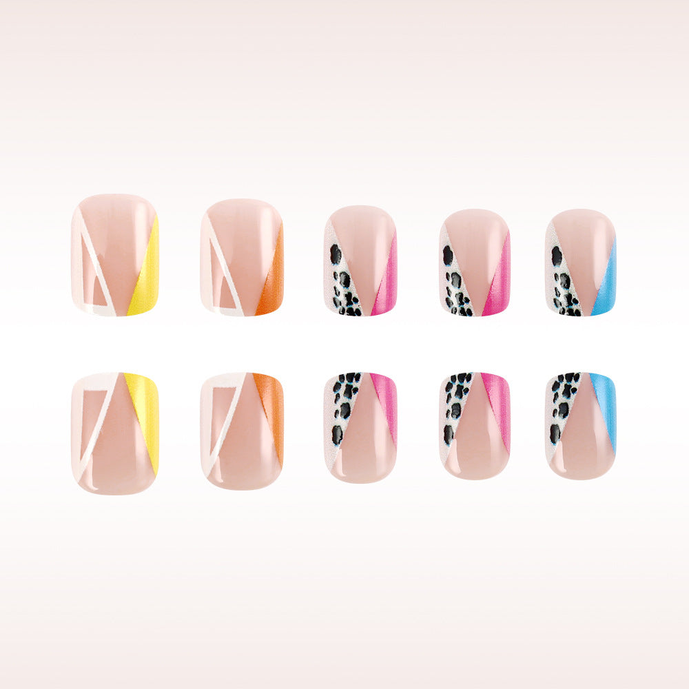 Artistic Escape Short Square Colorful Triangular Designs with Bold Animal Print Accents Press On Nail Set