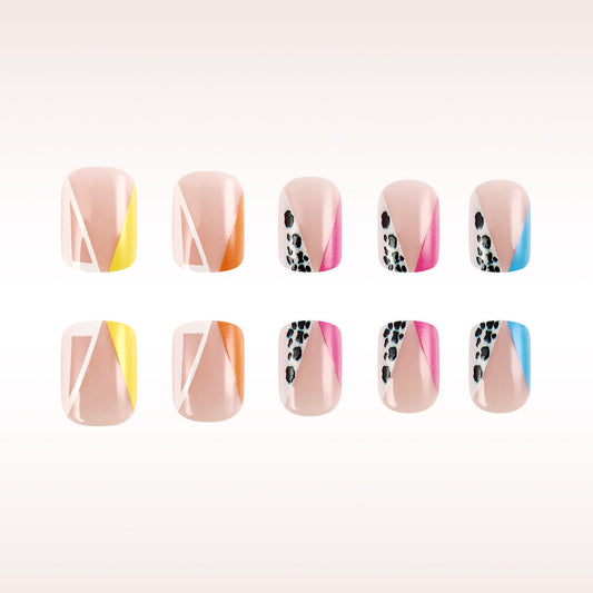 Artistic Escape Short Square Colorful Triangular Designs with Bold Animal Print Accents Press On Nail Set