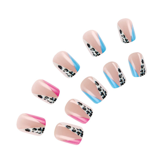 Wild Safari Glam Press-On Nail Set Short Square Elegant Shape Pink and Blue with Chic Leopard Print Design