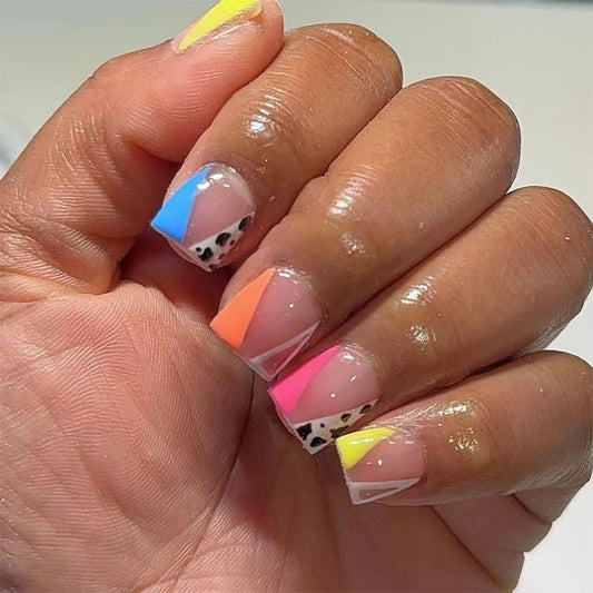 Vibrant Summer Vibes Short Square Press On Nail Set in Short Length with Multicolored Neon Design and Trendy Leopard Accents