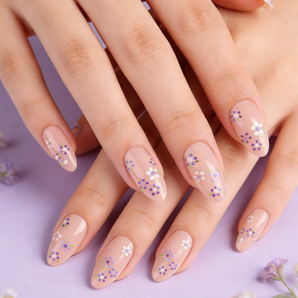 Whimsical Floral Dream Long Almond Beige Press On Nail Set with Delicate Blossom Accents