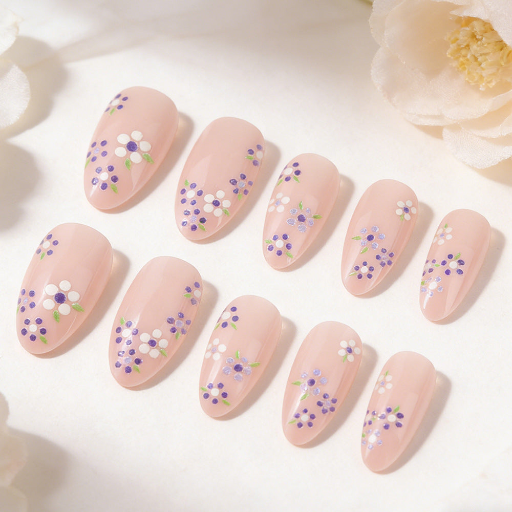 Whimsical Garden Inspired Long Almond Pink Floral Press-On Nail Set with Delicate Flower Accents