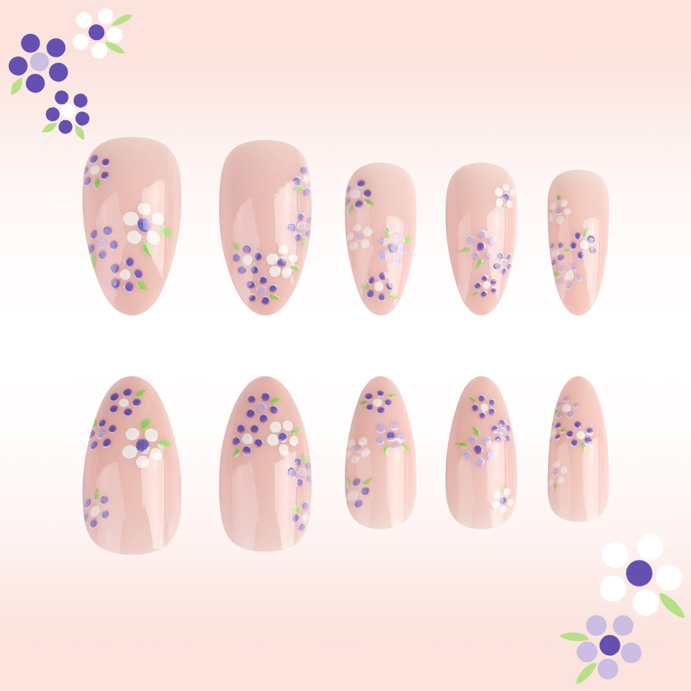 Whimsical Garden Floral Medium Almond Pink Press On Nail Set with Colorful Flower Accents