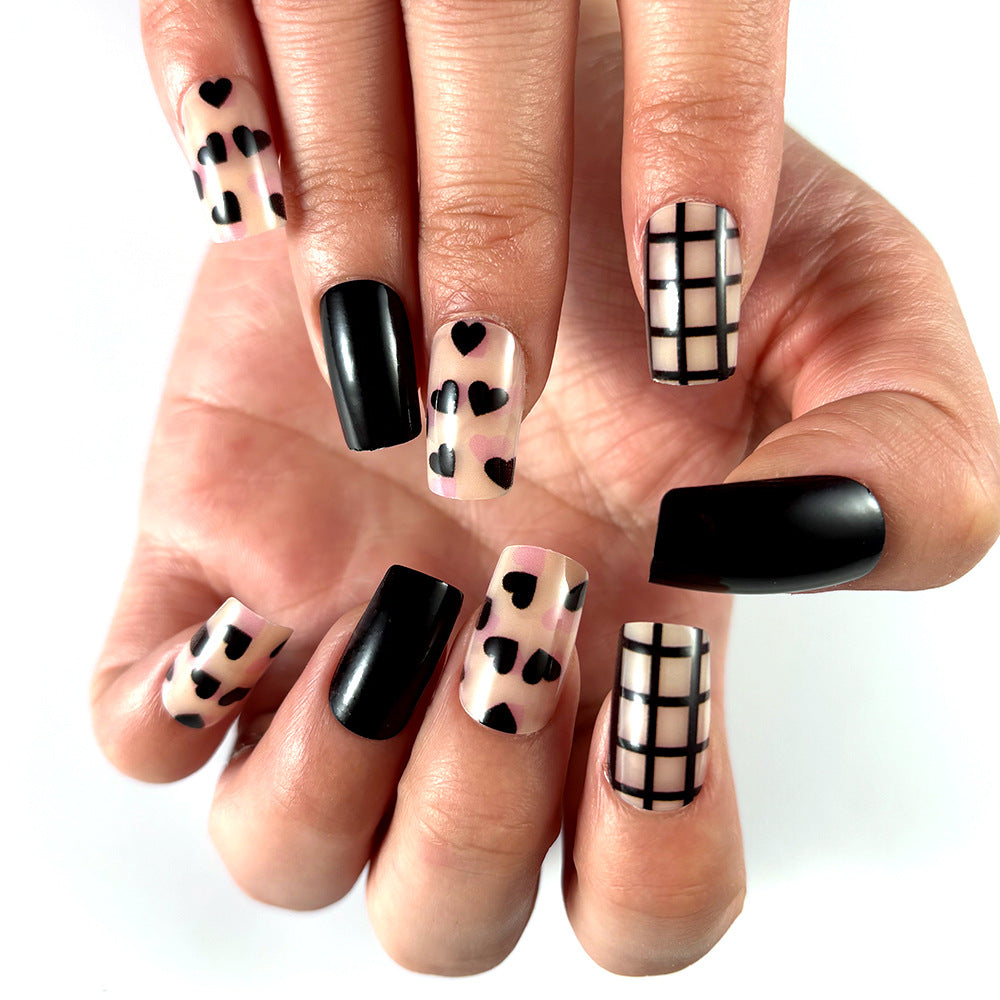 Love Struck Heart and Grid Black and Beige Long Square Press On Nail Set with Unique Mixed Designs