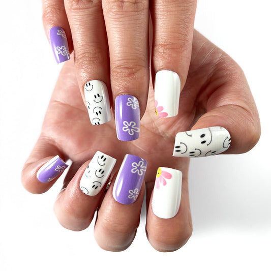 Cheerful Spring Vibes Square Long Length Purple and White Press On Nail Set with Fun Flower and Smile Face Designs