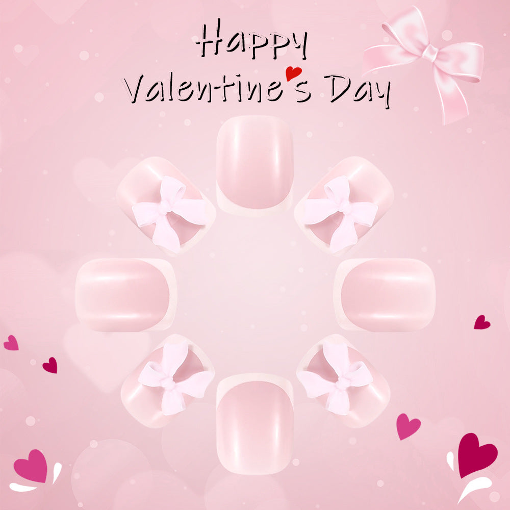 Romantic Bliss Soft Pink Short Square Press On Nail Set with Charming Bow Accents