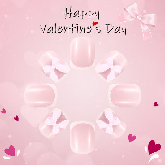 Romantic Bliss Soft Pink Short Square Press On Nail Set with Charming Bow Accents