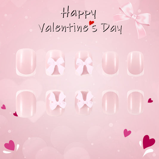 Charming Romance Pink Short Square Press On Nail Set with Adorable Bow Accents