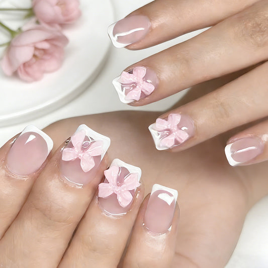 Charming Floral Elegance Short Square Soft Pink Press On Nail Set with Beautiful Bow Accents
