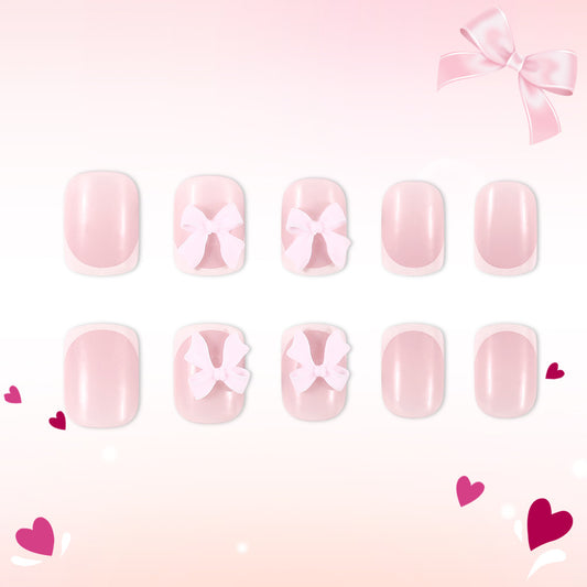 Sweet Blossom Charm Soft Short Square Pink Press On Nails with Adorable Bow Accents