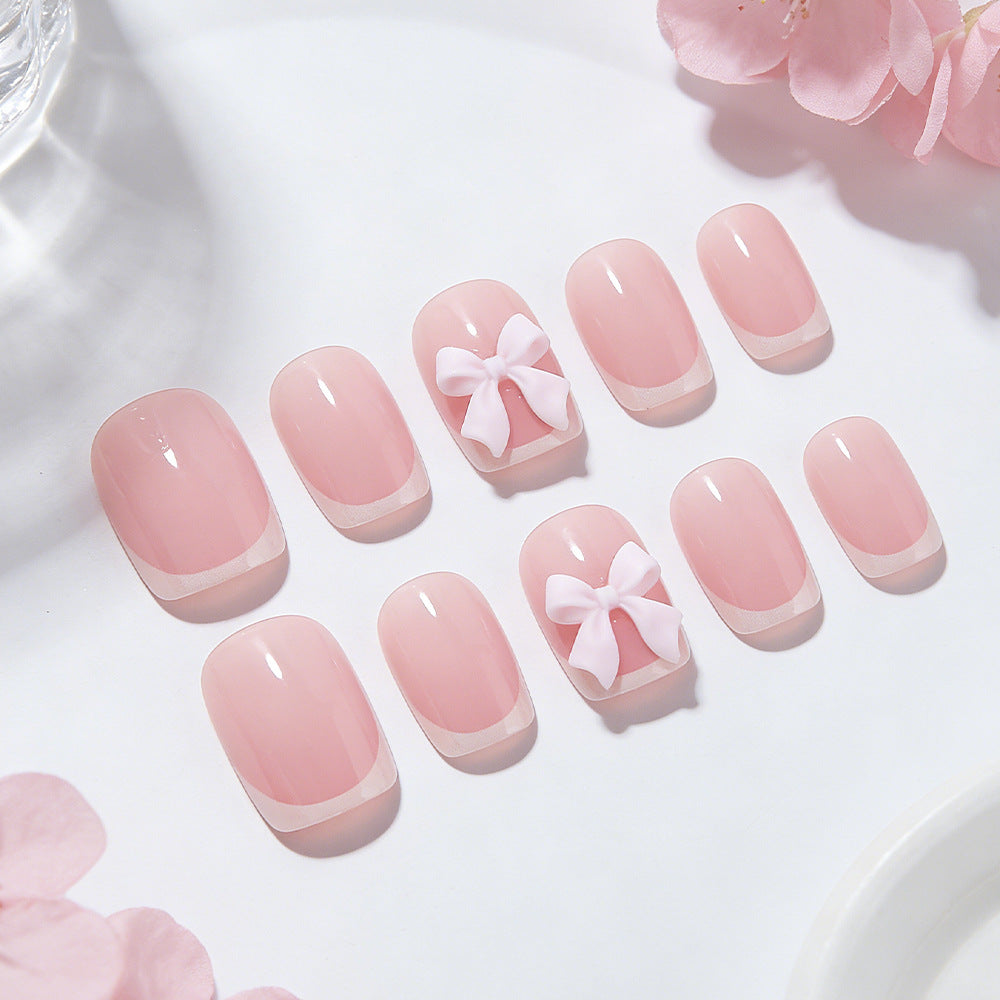 Charming Blossom Elegant Short Square Pink Press On Nail Set with Delightful Bow Accent