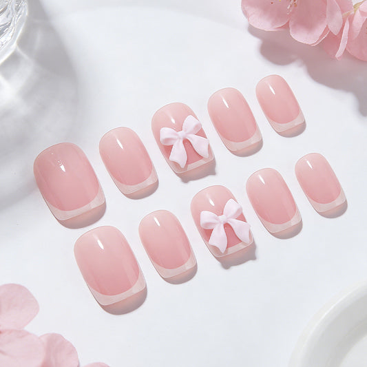 Charming Blossom Elegant Short Square Pink Press On Nail Set with Delightful Bow Accent