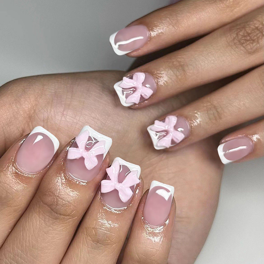 Charming Ballet Inspired Short Square Pink and White Press On Nails with Decorative Bow Accent