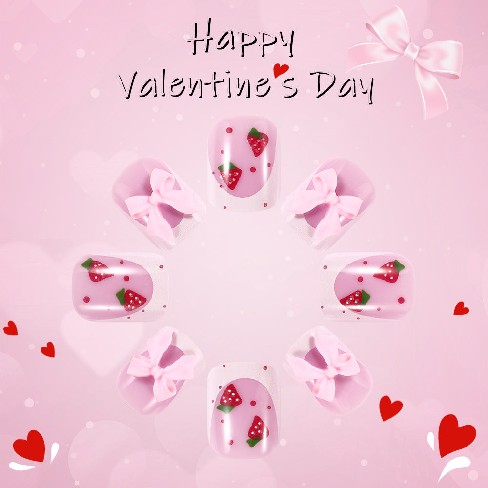 Sweet Strawberry Delight Short Square Pink Press-on Nail Set with Charming Bow Accents