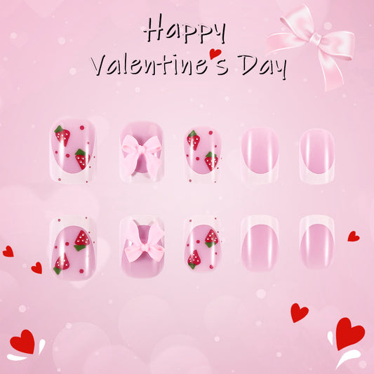 Sweet Strawberry Dream Short Press On Nail Set Soft Square Light Pink with Charming Bow and Berry Design