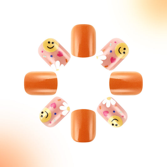 Sunny Vibes Cheerful Short Square Orange Floral and Smileys Press-On Nail Set