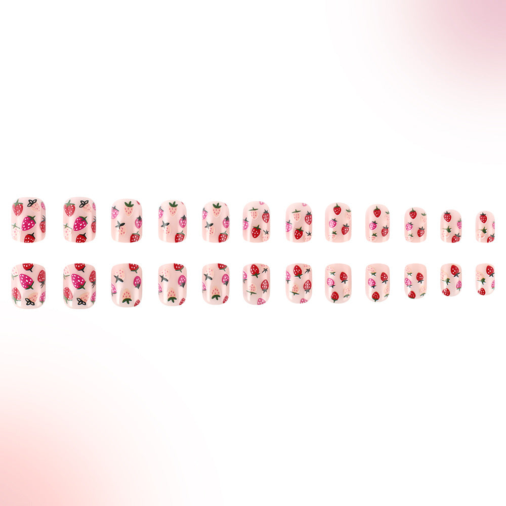 Whimsical Strawberry Delight Press On Nail Set Short Square Shaped Soft Pink with Charming Strawberry Design
