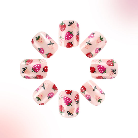 Strawberry Bliss Cute Short Square Pink Press On Nail Set Featuring Charming Fruit Designs