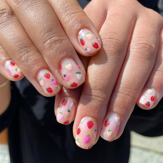 Whimsical Strawberry Garden Square Short Press On Nail Set in Soft Pink with Playful Fruit Design